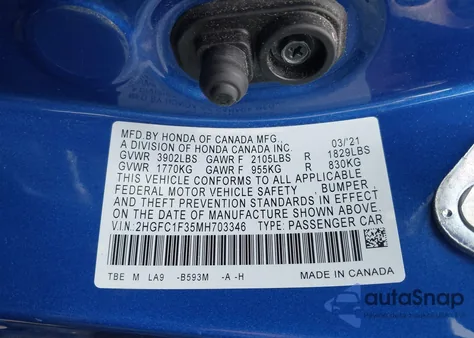 2021 Honda Civic Ex z USA, uszkodzony, nr VIN 2HGFC1F35MH703346